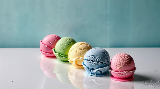 A row of ice cream scoops in a row. The ice cream scoops are in different colors