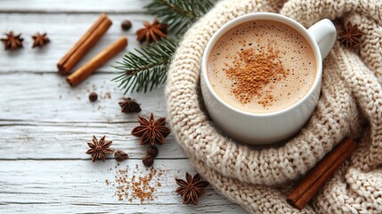 Pine branches, cocoa, knitted scarf, anise, and cinnamon sticks on a white wooden table.