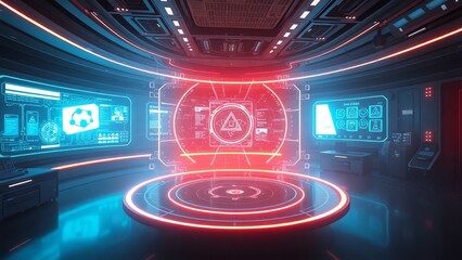 Obraz premium Futuristic control room with vibrant screens.