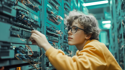 Tech Savvy in Data Center: A young, focused individual, sporting glasses, meticulously inspects server cables in a high-tech data center, demonstrating expertise.