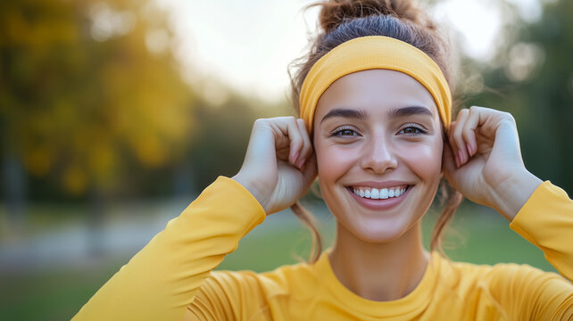 Radiant Smile: A vibrant woman exudes joy, adjusting her headband while radiating positivity with a bright smile, capturing the essence of happiness and well-being.