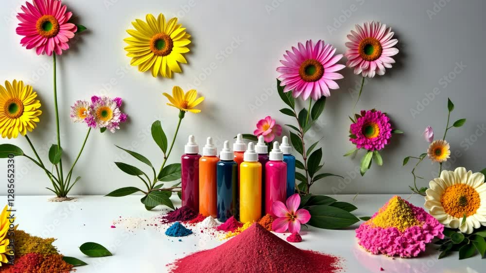 Poster A table with a bunch of colorful bottles and flowers. The bottles are in different colors and sizes