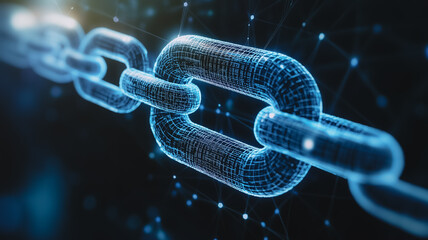 Digital Chain: An eye-level view of a detailed digital chain that is glowing, signifying the interconnectedness and security of technology.