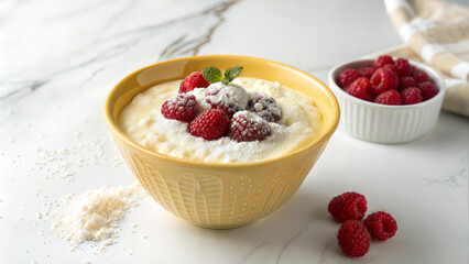 Creamy rice pudding with fresh raspberries and powdered sugar, light and wholesome dessert, comforting and nutritious sweet treat for food blogs, healthy eating, and breakfast ideas