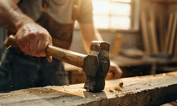 A craftsman using a hammer on wood, highlighting the art of woodworking and craftsmanship.