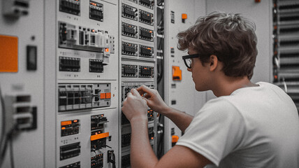 Engineer at Work: A skilled engineer focuses intently on a complex electrical panel, his brow furrowed in concentration as he works on the intricate system.