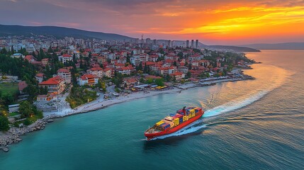 Obraz premium Coastal City Sunset Shipping, Aerial View