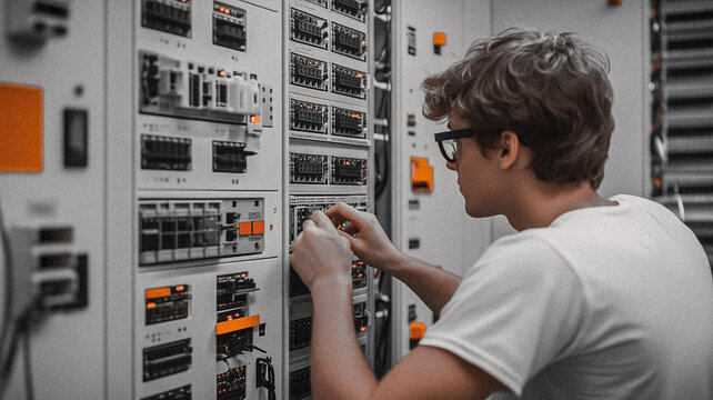 Engineer at Work: A skilled engineer focuses intently on a complex electrical panel, his brow furrowed in concentration as he works on the intricate system.