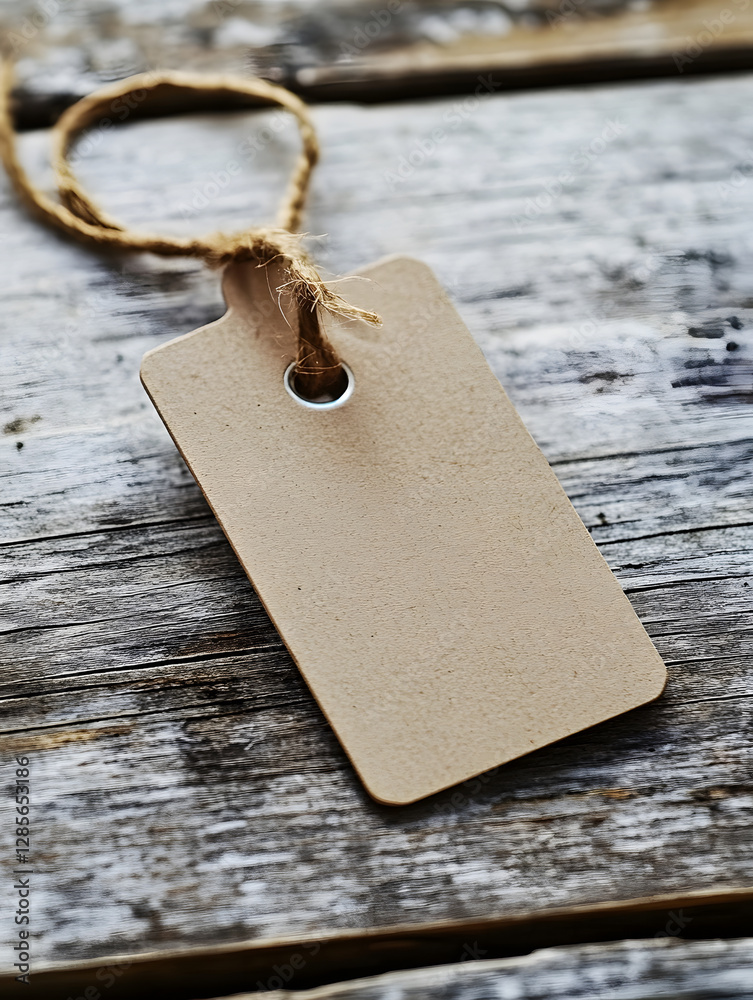Poster Rustic Brown Paper Tag on Weathered Wooden Surface with Twine Loop : Generative AI