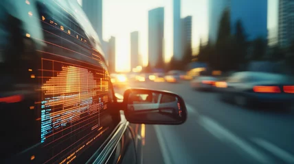 Papier peint photo Marron Smart City Commute: A car's perspective on a dynamic urban landscape. Technology overlays the sleek vehicle, highlighting the synergy between transportation and innovation.  © CreativeIMGIdeas