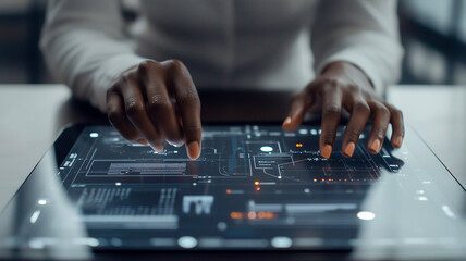 Tech Touch: A person's hands interact with a modern device, the futuristic device displaying digital information.