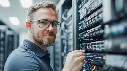 IT Technician at Work: A focused IT technician, with a friendly smile, meticulously services server hardware in a modern data center.
