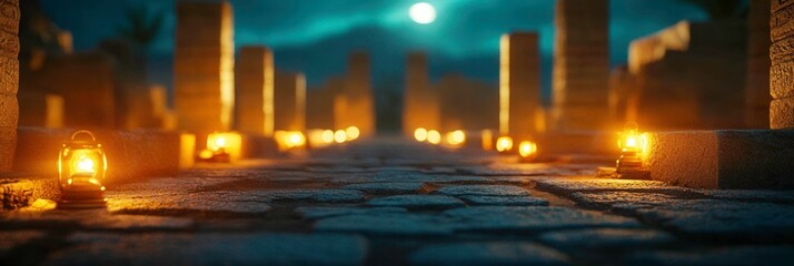 Mystical Pathway Lined with Lanterns Under a Bright Moonlit Sky