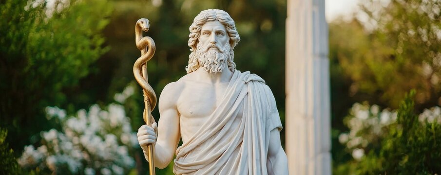 Majestic Marble Statue of Asclepius Greek God of Medicine Outdoors in a Garden Setting