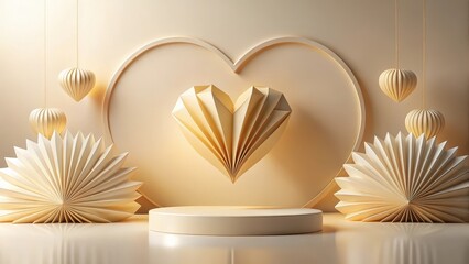 Elegant Beige Origami Heart Display with Circular Pedestal and Hanging Decorations