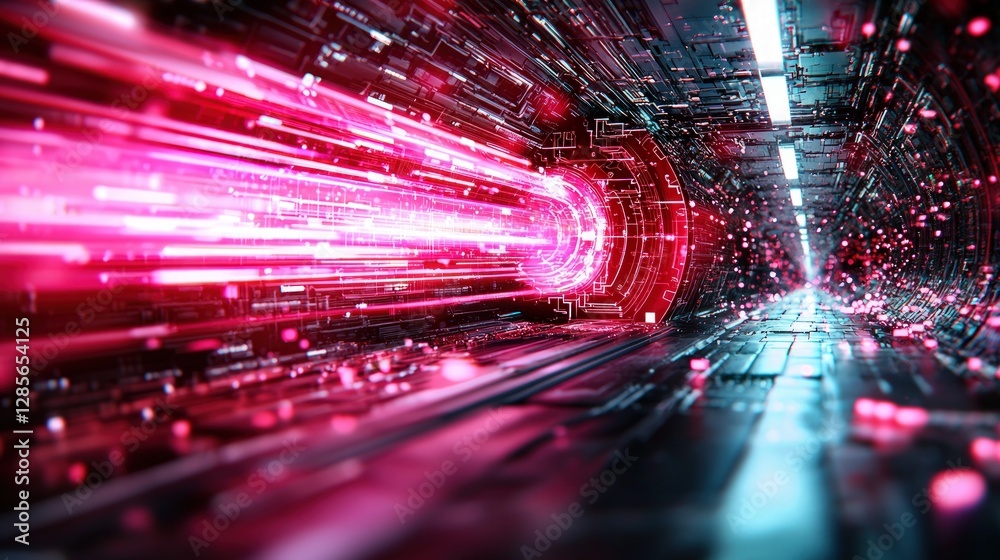 Poster futuristic digital tunnel with vibrant red light and particles flowing