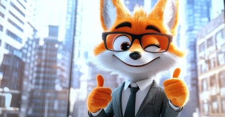 3d Orange Fox Business Suit Glasses Thumbs Up Winking Modern Office Background Copy Space 