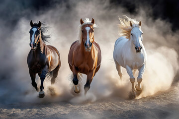 three horses running next to eachother, western style 