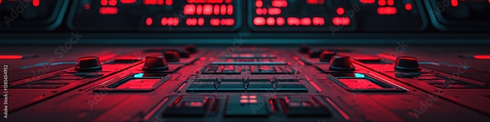 Aufkleber Futuristic Control Panel with Red Lights and Buttons in Low Angle View