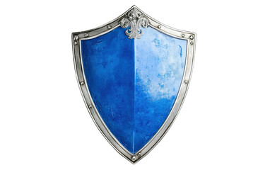 A blue shield with silver trim on transparent or white background