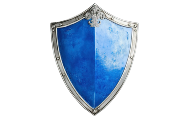 A blue shield with silver trim on transparent or white background