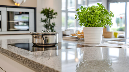 Modern Kitchen Interior with Granite Countertop and Potted Green Herb Plant : Generative AI
