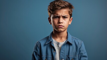 Fototapeta premium A young boy with tousled blond hair stands with his arms crossed, wearing a denim shirt.