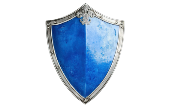 A blue shield with silver trim on transparent or white background