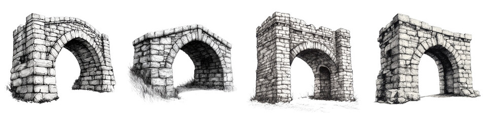 Fototapeta premium Dramatic arched stone ruins of ancient architectural structures in a weathered overgrown landscape The crumbling decaying ruins evoke a sense of history and the passage of time