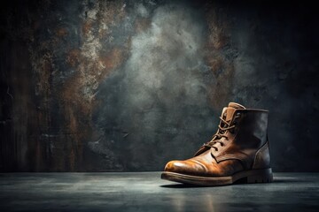 A single weathered brown leather boot rests on a dark, textured surface against a rustic backdrop