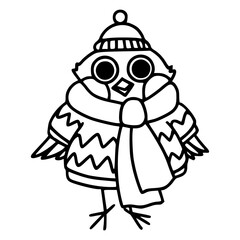 cute bird in winter clothes outline drawing