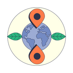 A globe with map pins and leaves symbolizes global eco-friendly navigation.