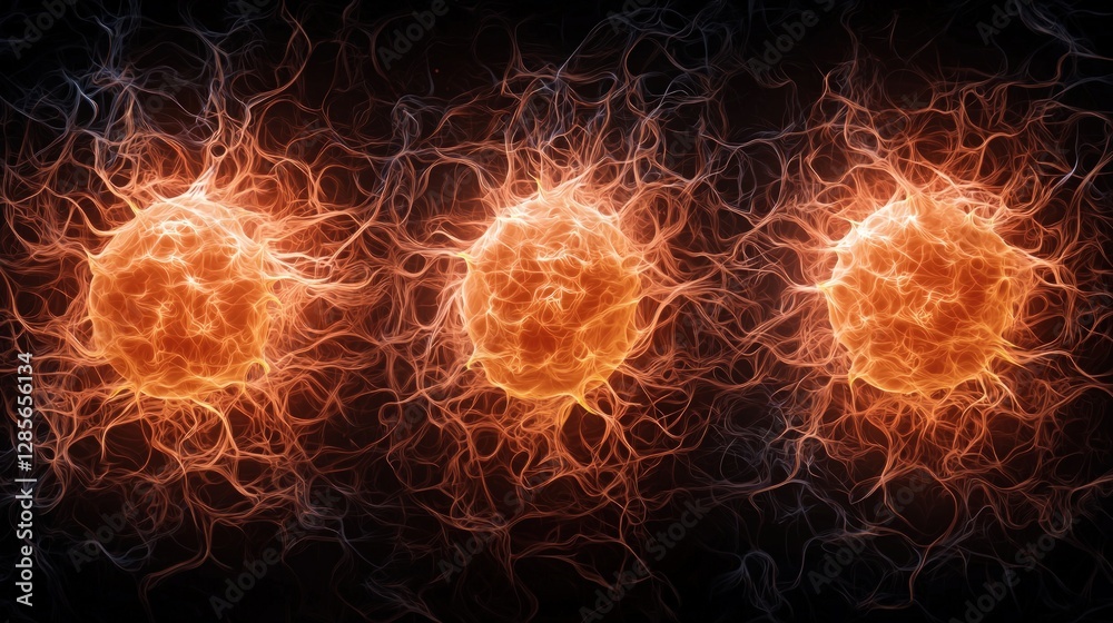 Poster abstract fiery spheres encased in vibrant energy network glowing intensely dark background