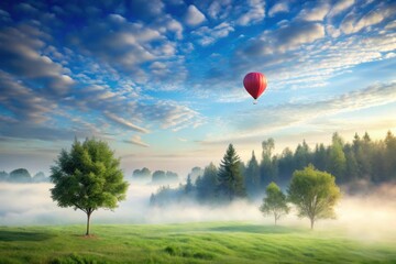 Naklejka premium Serene Sunrise Landscape with a Single Red Hot Air Balloon Soaring Above a Misty Meadow and Lush Green Trees