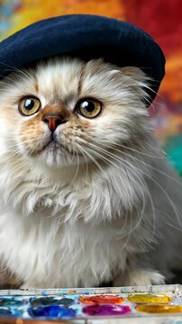 Cat Artist in Beret with Paints Against Colorful Background