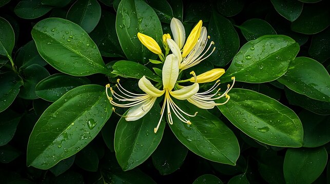 Honey Suckle Blossom in Lush Green Foliage: A Close-Up Nature Photograph AI Generated