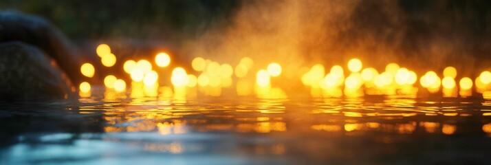 Warm Bokeh Lights Reflected on Calm Water Surface in a Serene Environment