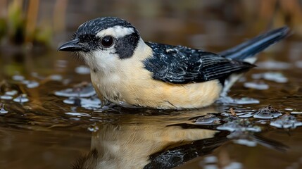 Fototapeta premium Bird bathing in puddle, wetland background, wildlife photography