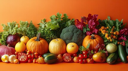 Pumpkins, zucchini, and other seasonal vegetables are scattered on an orange background, creating a Thanksgiving themed still life.