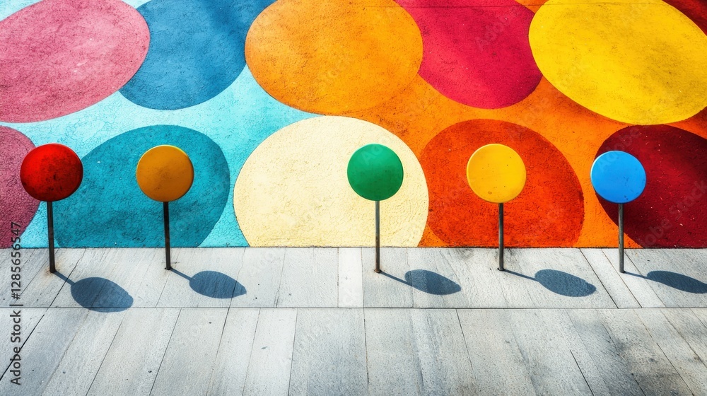 Poster colorful circles wall art vibrant abstract design with round markers on pavement