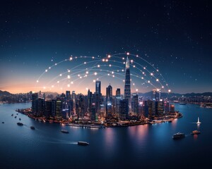Fototapeta premium Night View of Modern City Skyline with Illuminated Network Connections Over Water