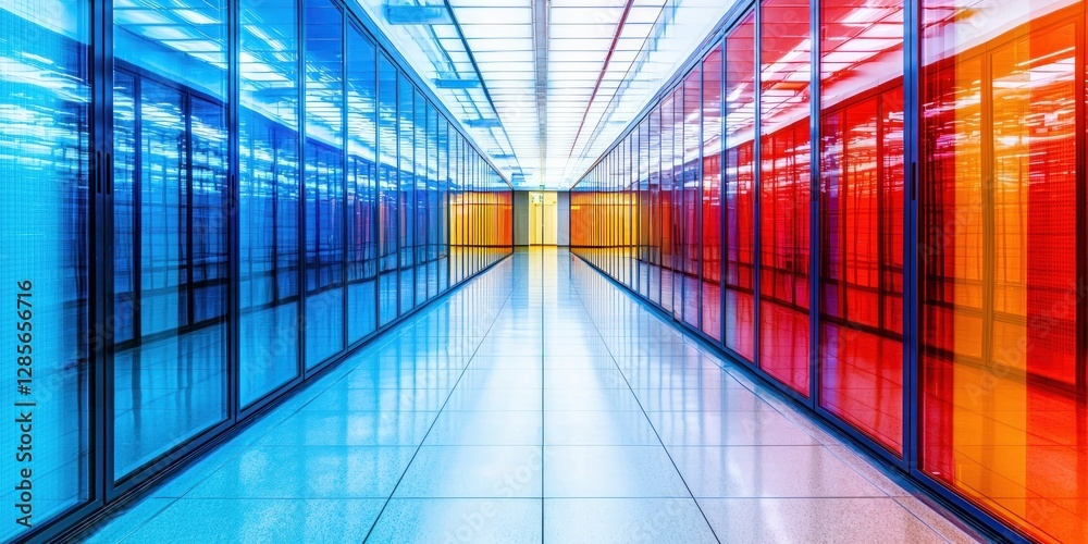 Poster colorful server room corridor modern data center technology infrastructure network servers
