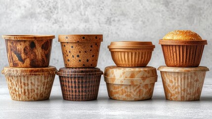 Stacked sustainable food containers on light surface with bun in background