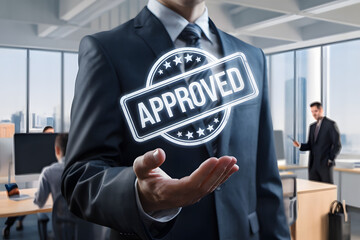 Business professional presenting a glowing digital certificate shield, symbolizing trust, legal security, quality assurance, and compliance in a futuristic corporate environment.