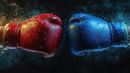 Red and blue boxing gloves clashing head-to-head, representing confrontation, conflict, and competition