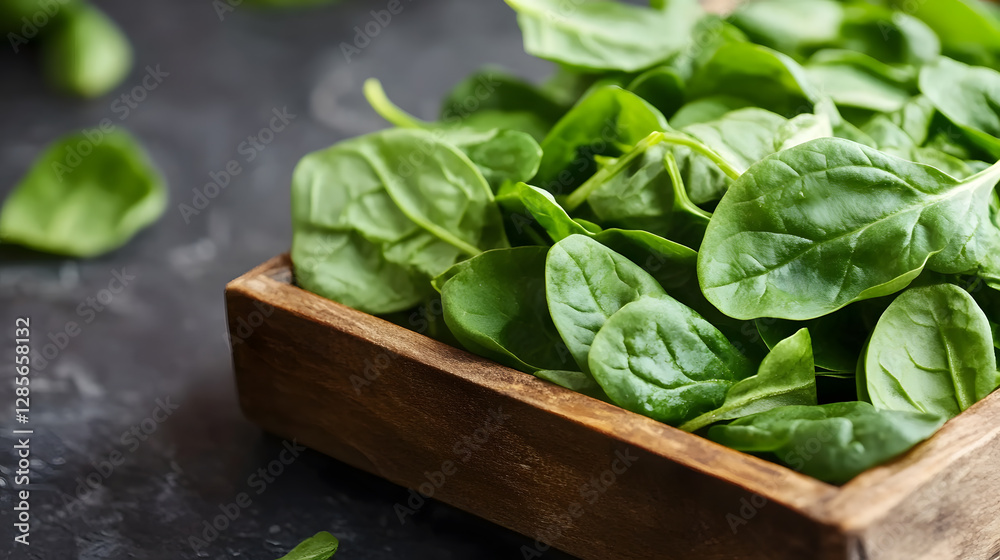 Poster fresh green spinach leaves in rustic wooden box on dark background : generative ai