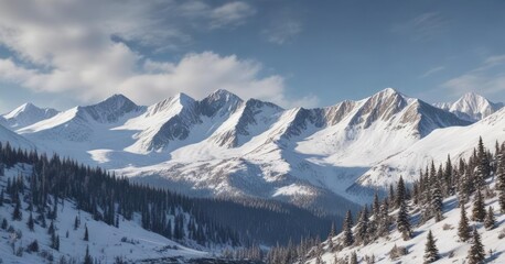 Forest and snow-covered peaks of the Chugach Mountains, winter trees, alaskan woods, snowy forest