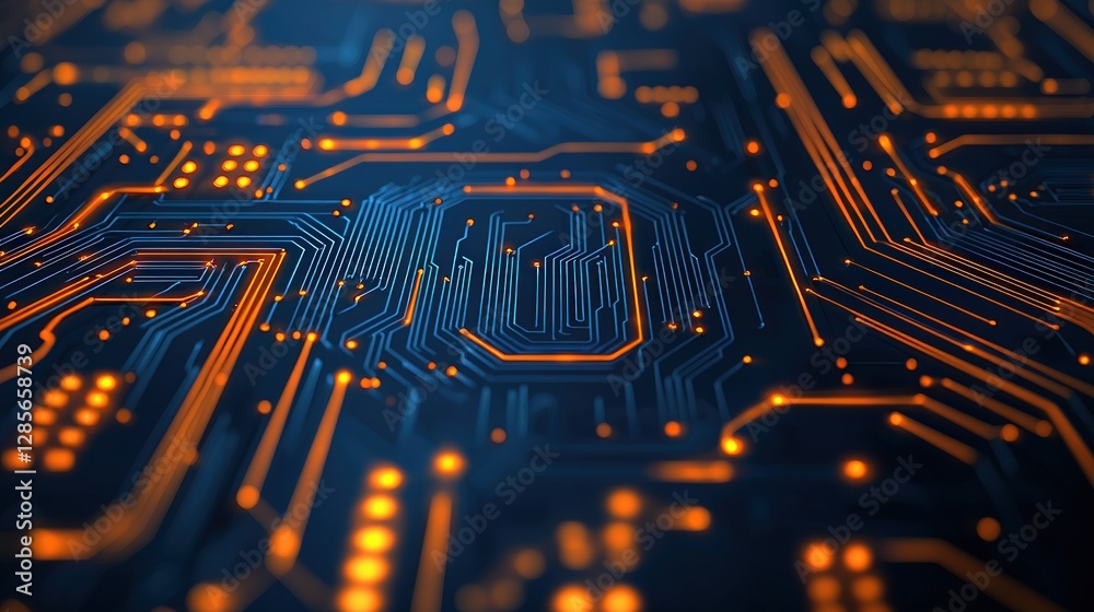 Poster abstract circuit board with orange lights on dark background