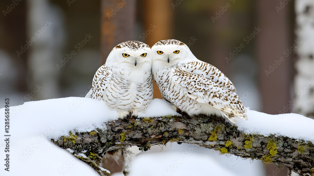Aufkleber snowy owls perched on winter branch in serene forest setting : generative ai