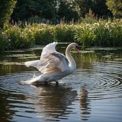A swan gracefully landing on a garden pond, with ripples forming, isolated on white.